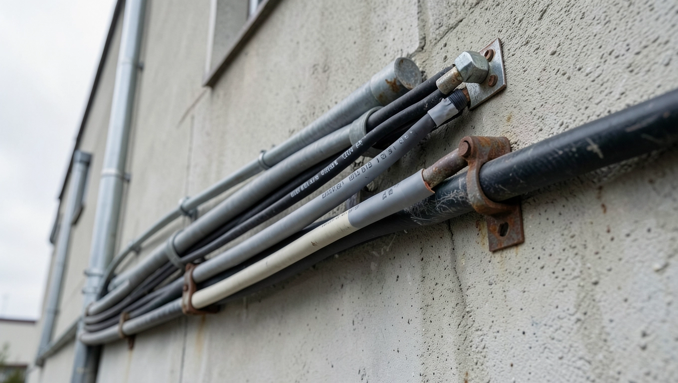 Kable elektryczne na zewnątrz budynku