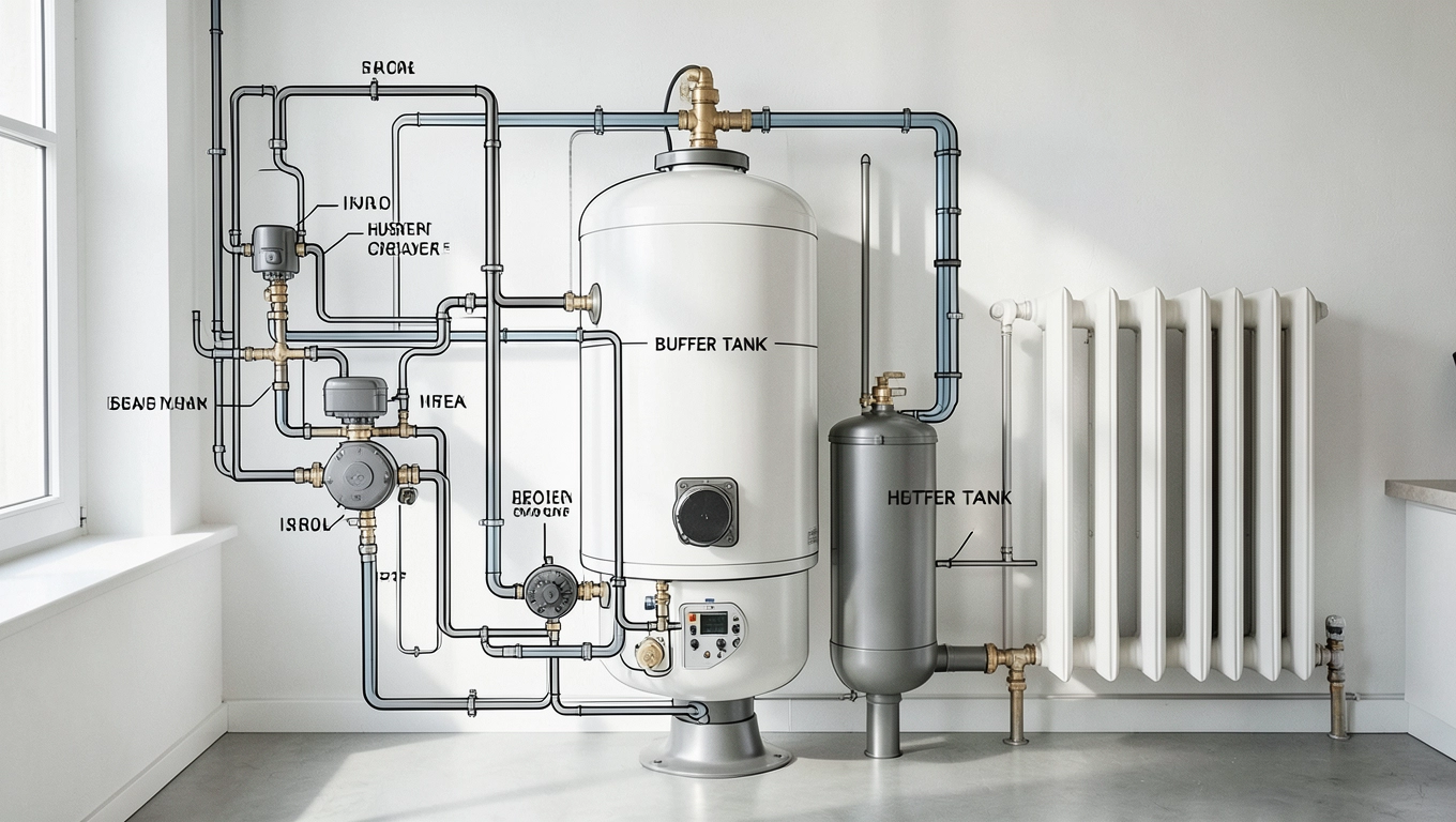 schemat instalacji co w układzie otwartym z buforem
