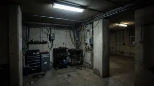 Elektryk w garażu podziemnym