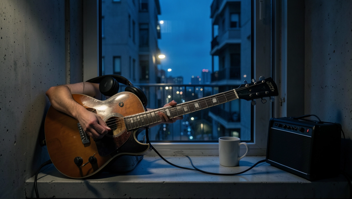 Gitara elektryczna w słuchawkach nocą praktyka bez zakłóceń