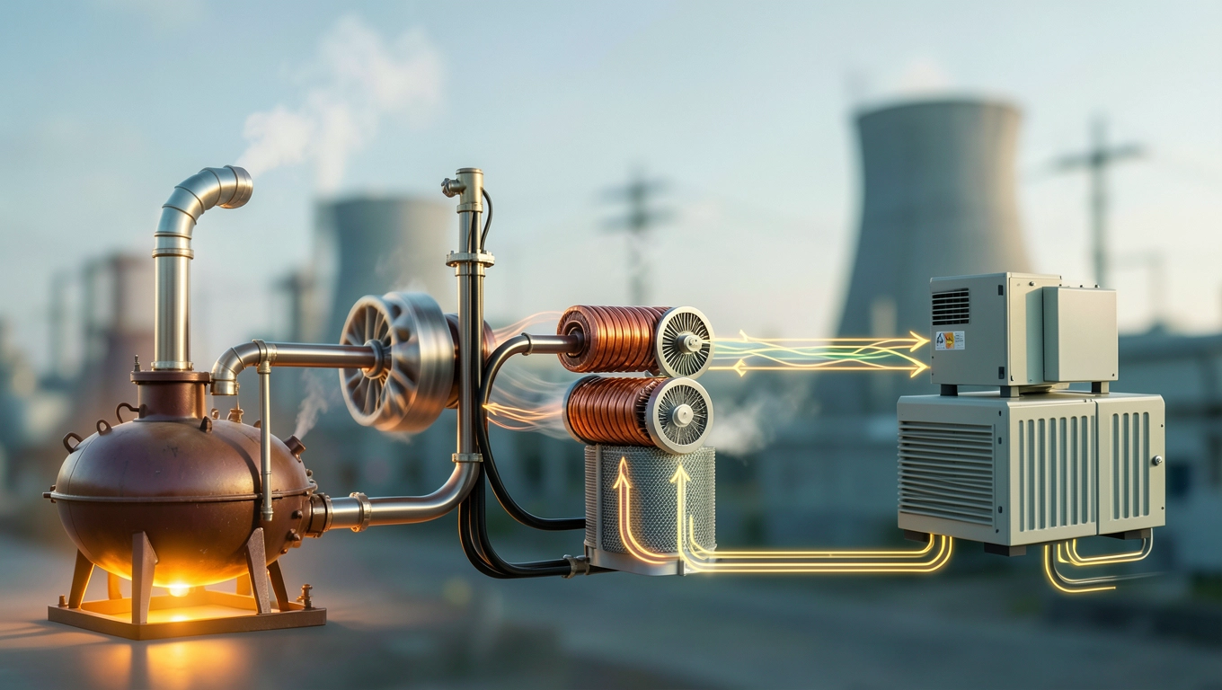 Schemat blokowy elektrowni węglowej od kotła do transformatora