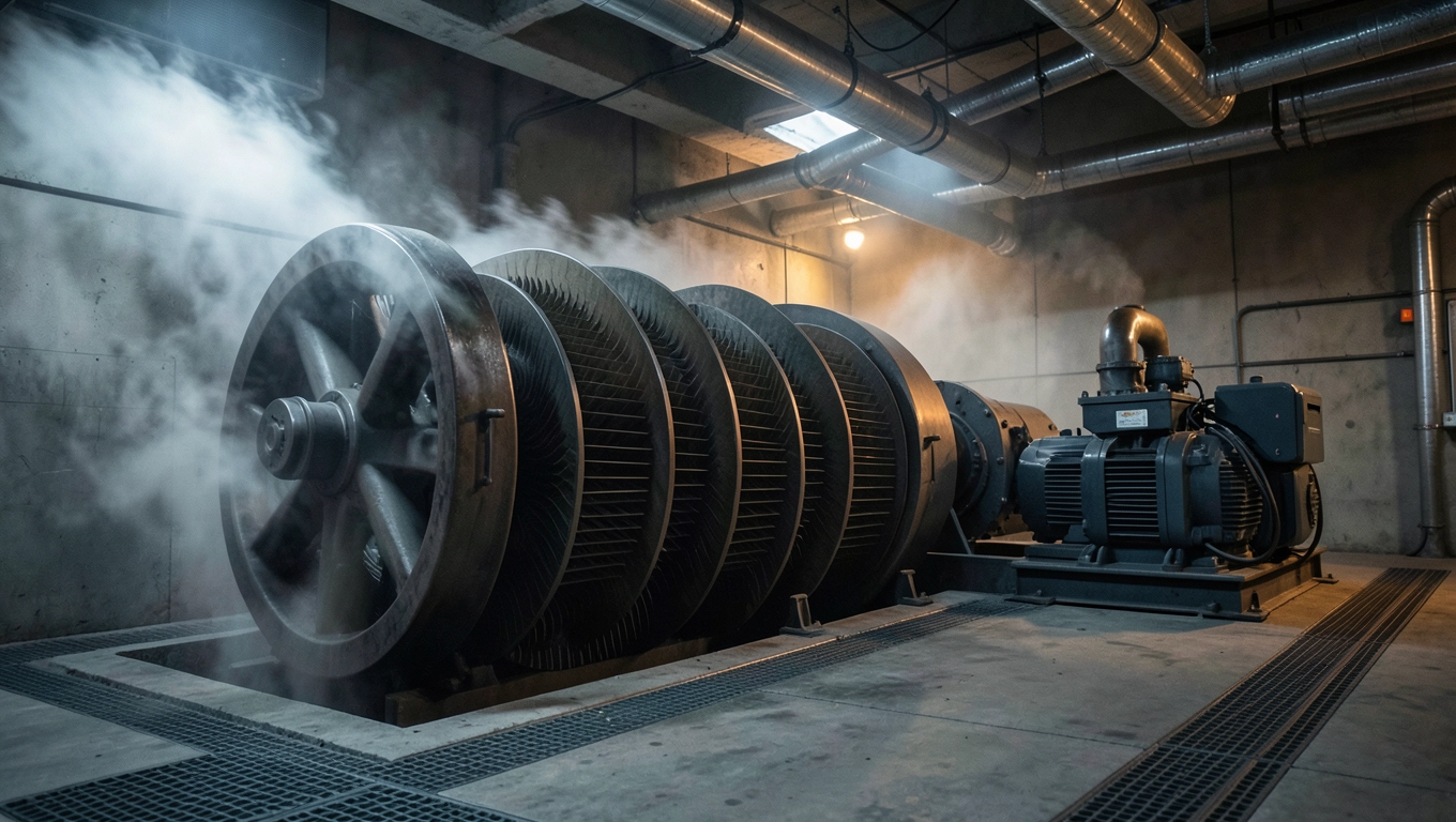 Turbina parowa i prądnica w elektrowni węglowej